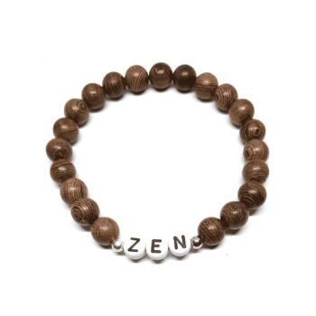 ZEN bracelet with brown wood beads, white letter beads and silver accents – earthy zen word bead bracelet