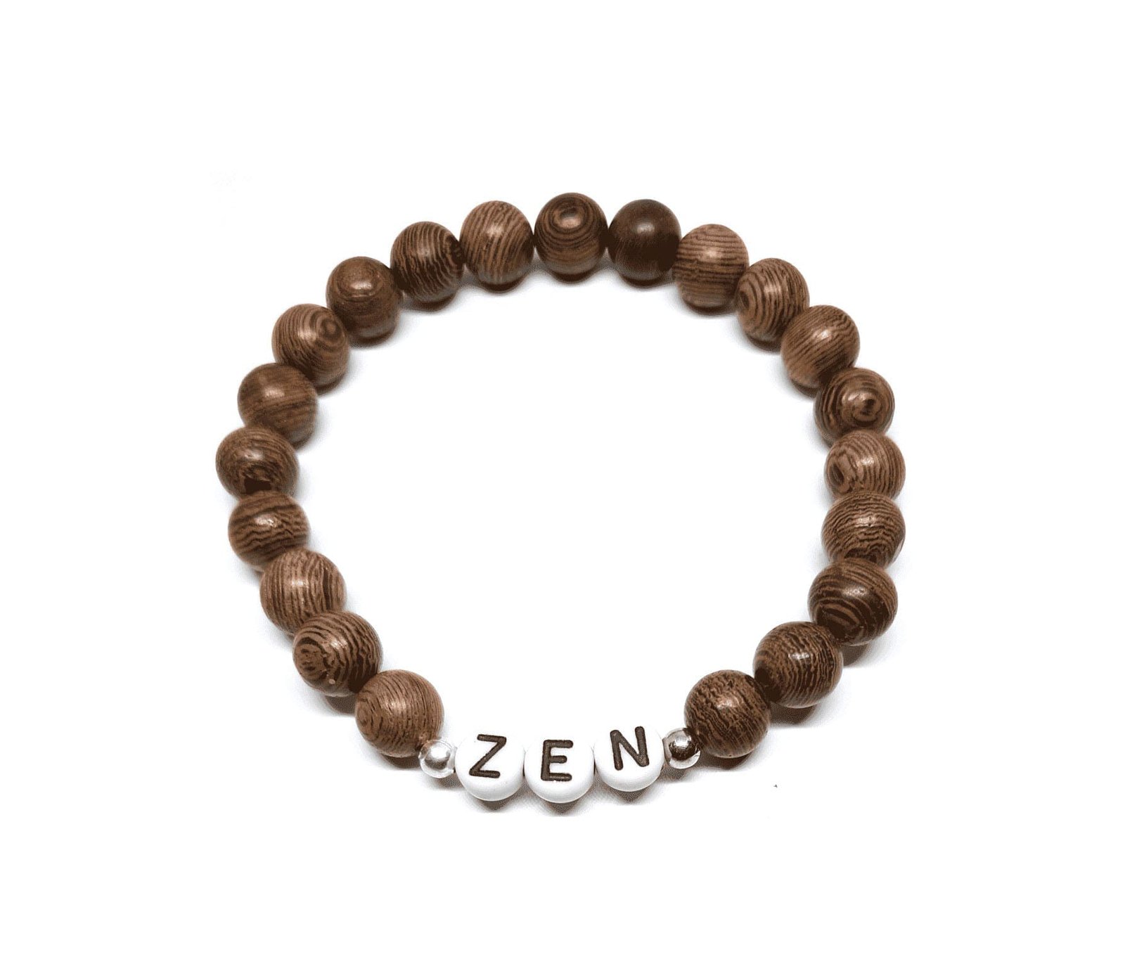 ZW-SP-005 ZEN bracelet with brown wood beads, white letter beads and silver accents – earthy zen word bead bracelet ZEN bracelet with brown wood beads, white letter beads and silver accents – earthy zen word bead bracelet