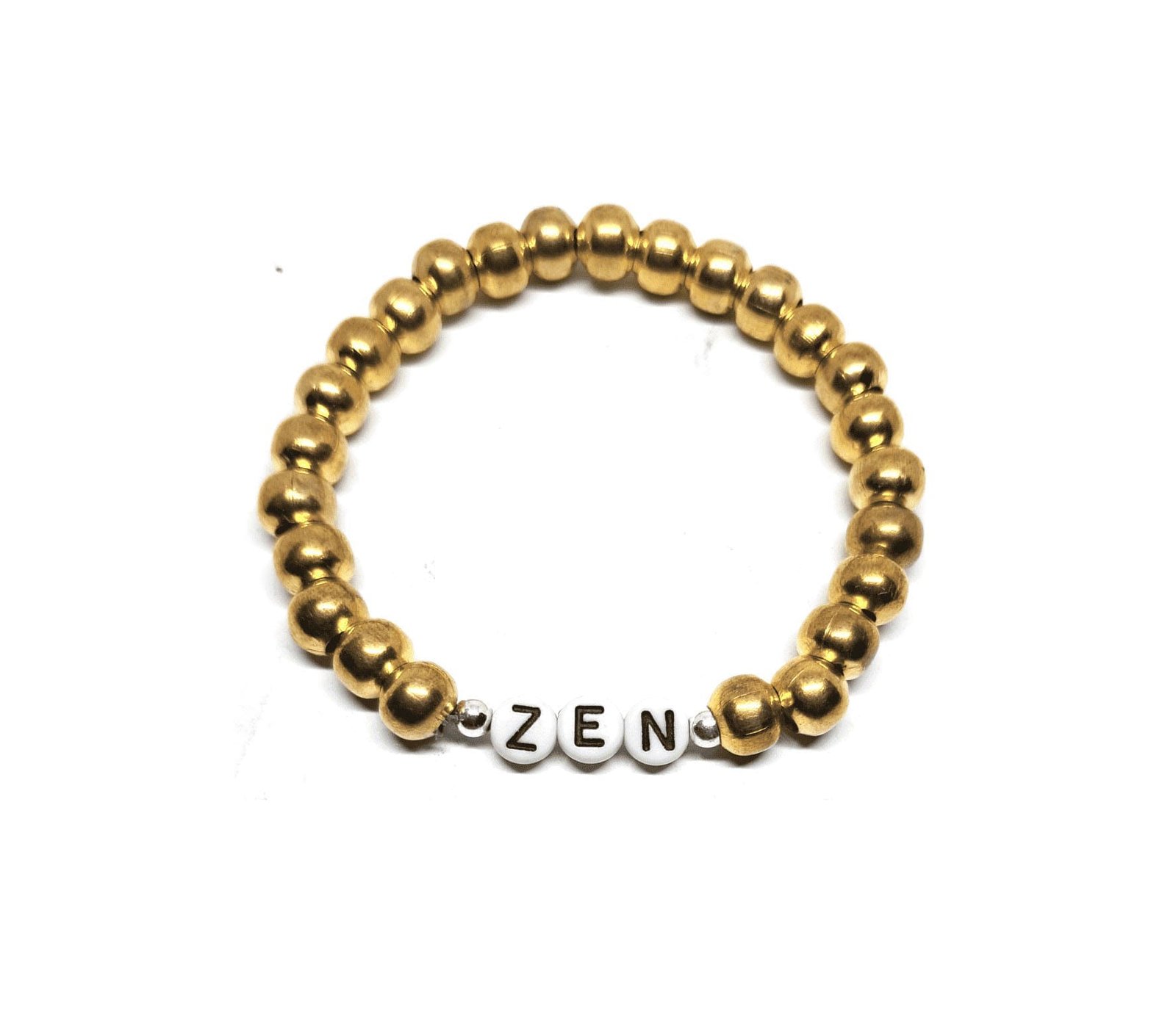 ZW-SP-005 ZEN bracelet with gold-tone metal beads, white letter beads and silver accents – statement zen word bracelet ZEN bracelet with gold-tone metal beads, white letter beads and silver accents – statement zen word bracelet