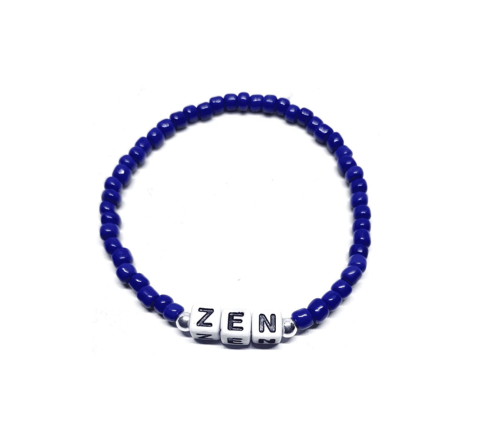 ZW-SP-005 ZEN bracelet with royal blue glass seed beads and white cube letter beads – dainty zen word bead bracelet ZEN bracelet with royal blue glass seed beads and white cube letter beads – dainty zen word bead bracelet