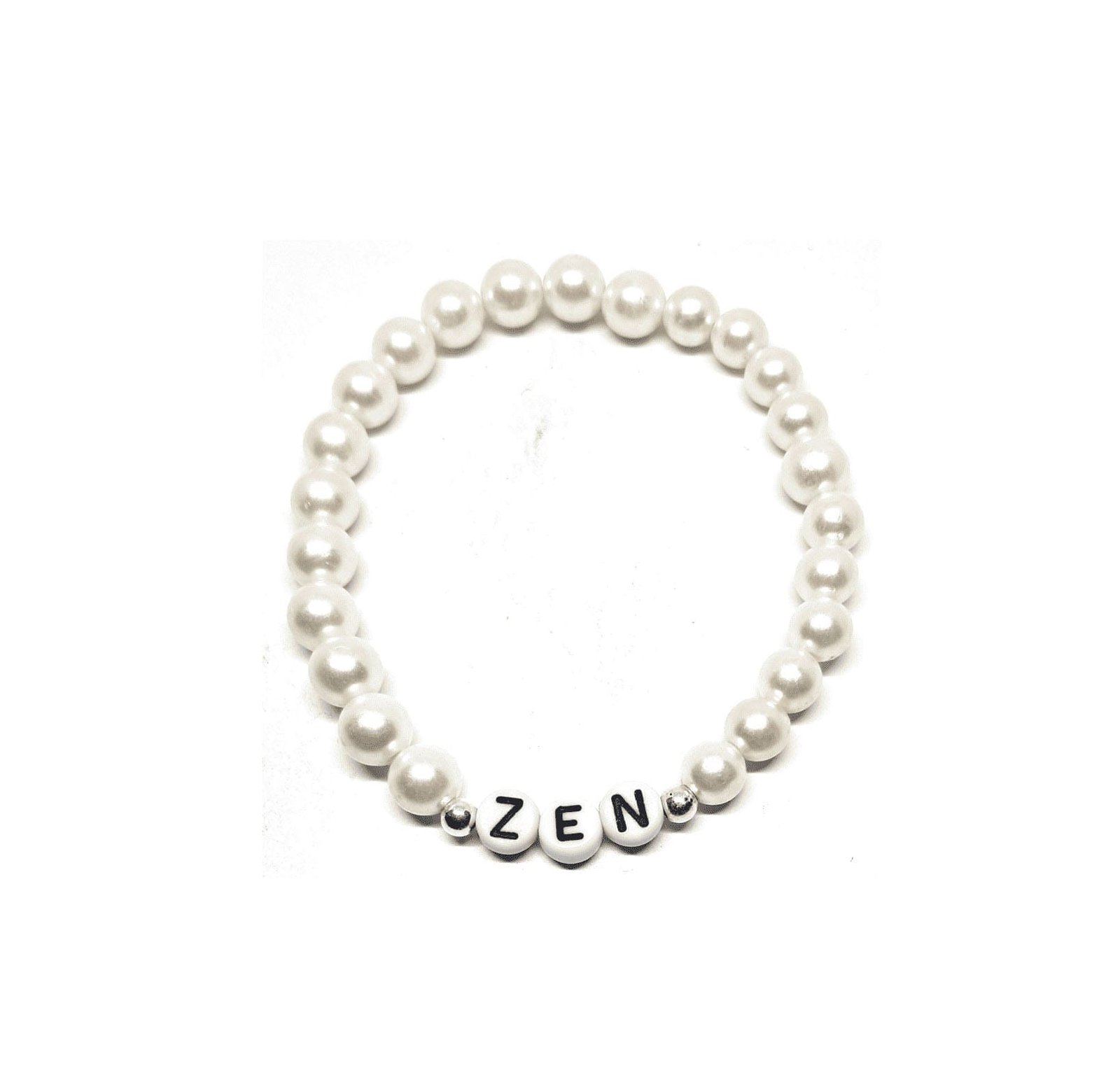 ZW-SP-005 ZEN bracelet with white pearl beads, black-on-white letter beads and silver accents – elegant zen word stretch bracelet ZEN bracelet with white pearl beads, black-on-white letter beads and silver accents – elegant zen word stretch bracelet