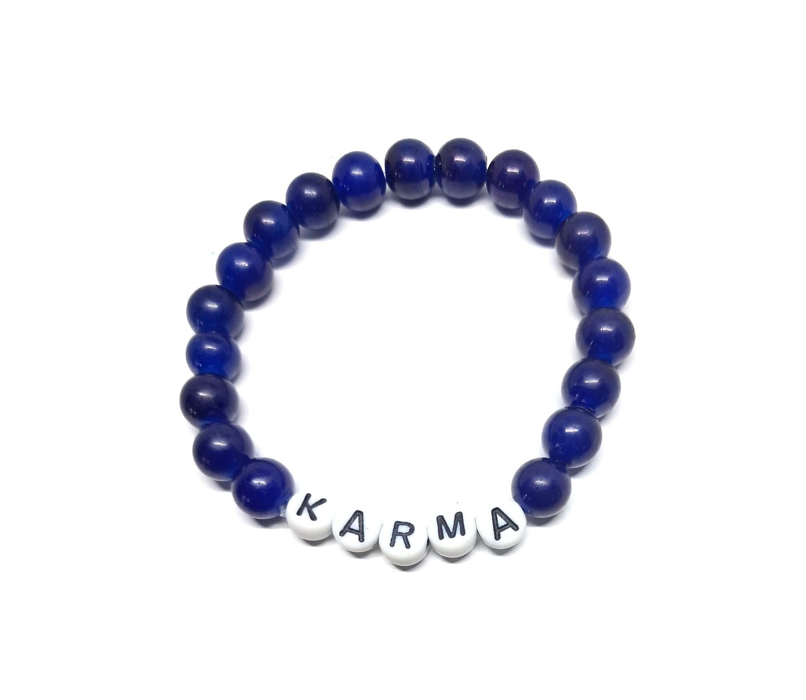 ZW-SP-006 KARMA bracelet with deep blue round glass beads and white letter beads – handmade karma word stretch bracelet KARMA bracelet with deep blue round glass beads and white letter beads – handmade karma word stretch bracelet