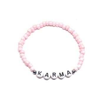 KARMA bracelet with pastel pink seed beads, silver accents and white letter beads – dainty karma word bracelet