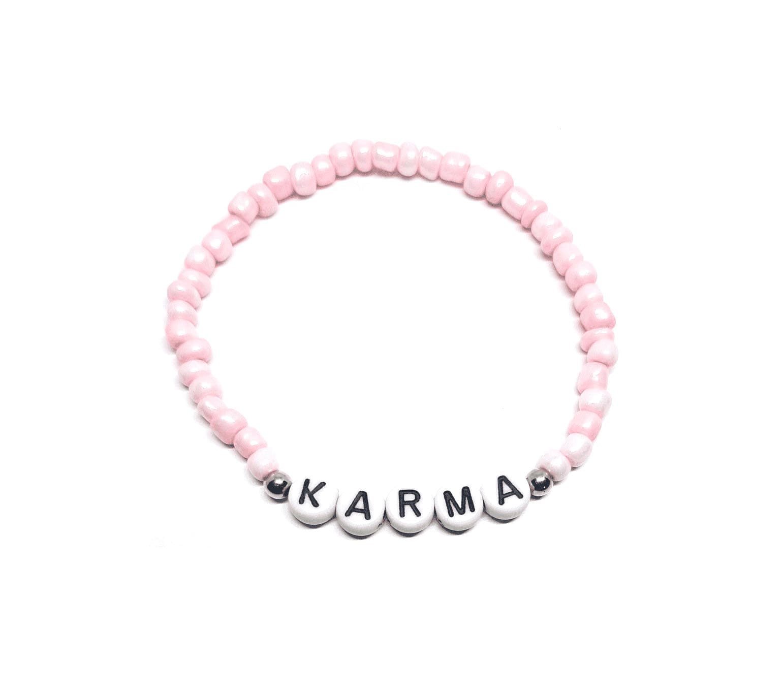 ZW-SP-006 KARMA bracelet with pastel pink seed beads, silver accents and white letter beads – dainty karma word bracelet KARMA bracelet with pastel pink seed beads, silver accents and white letter beads – dainty karma word bracelet
